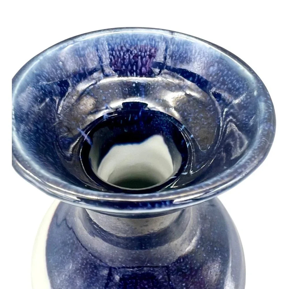 Art Studio Pottery Two-Tone Ceramic Vase In Blue & White Glaze 5.25"H Minimalist - Picture 5 of 9